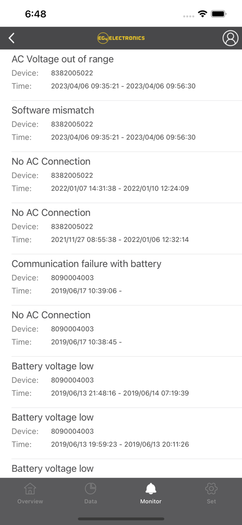 EG4 Monitor - A list of system alerts and events in the EG4 Monitor app showing battery voltage and connection status.
