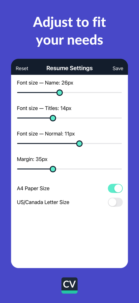 Resume Builder - CV Engineer - CV Engineerアプリの履歴書設定画面。フォントサイズ、余白、用紙サイズを調整できます
