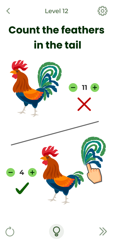 Nivel de puzzle Brain Out 12 que muestra un difícil desafío de conteo de la cola de un gallo