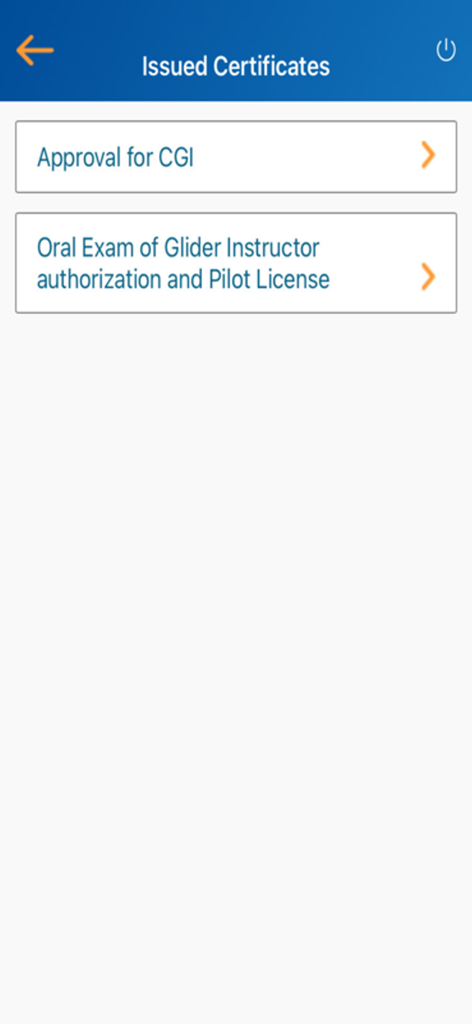 eGCA - The eGCA mobile app interface showing a list of issued certificates including approval for CGI and pilot licenses.