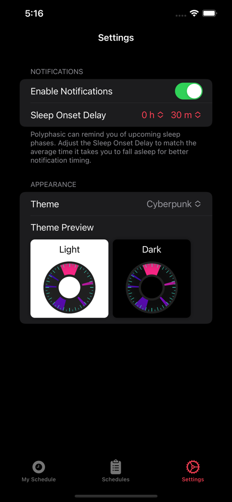 Polyphasic Sleep Tracker - La pantalla de configuración de la aplicación Polyphasic Sleep Tracker que muestra interruptores de notificación, ajustes de retraso de inicio del sueño y opciones de vista previa de tema.