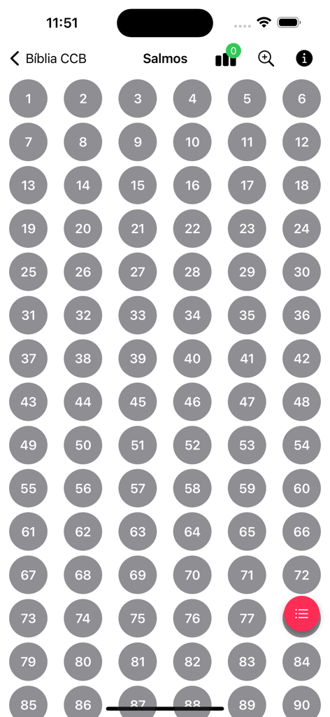 Biblia CCB - Interface de seleção de capítulos para o livro de Salmos no aplicativo Biblia CCB