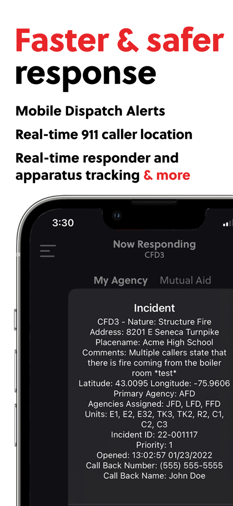 IamResponding (IaR) - IamResponding app screenshot displaying a mobile dispatch alert with detailed incident information for a structure fire.