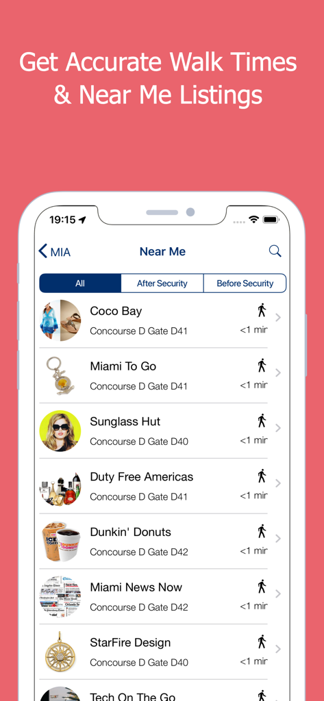 MIA Airport Official - MIA空港公式アプリ、近くの空港ショップと推定所要時間が表示されています