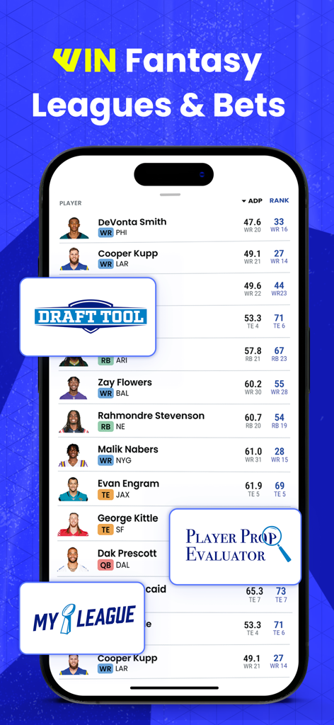 WalterPicks app screenshot showing NFL player rankings and draft tools