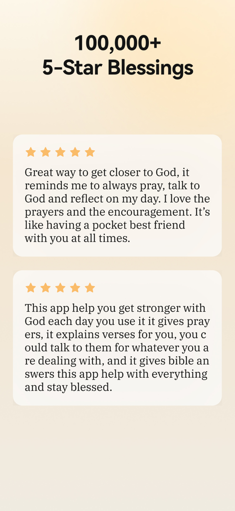 User testimonials and five-star ratings for Blessed Daily Verse and Prayer app.