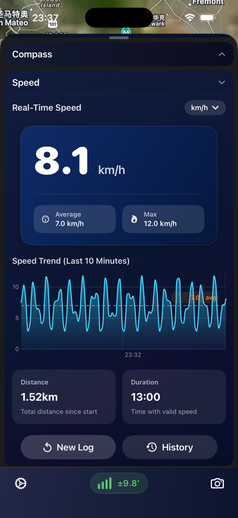 Sensnap - Outdoor Assistant - Painel do aplicativo Sensnap exibindo métricas de velocidade em tempo real e gráficos de tendência para atividades ao ar livre.