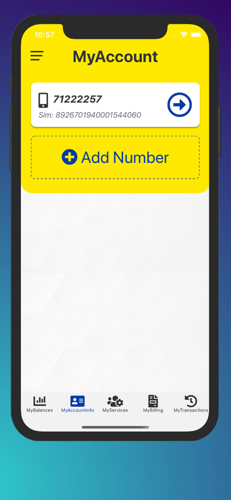 MascomOnline - MascomOnline app MyAccount screen showing linked mobile number and account options