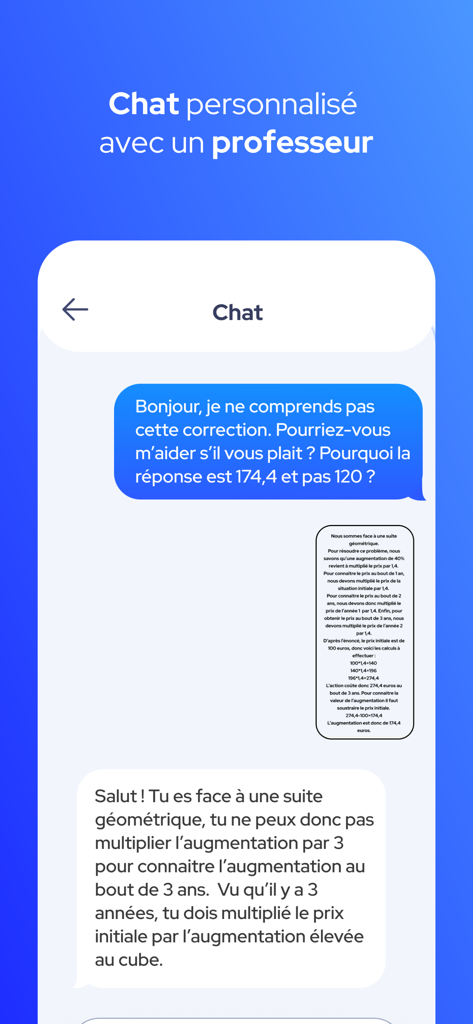 Personalized chat interface with a teacher explaining a math concept in the Etudium app.