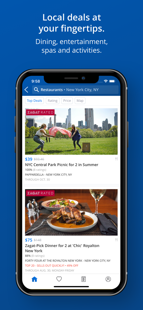Travelzoo Hotel & Travel Deals - Aplicación Travelzoo que muestra ofertas locales de gastronomía y picnic en la ciudad de Nueva York