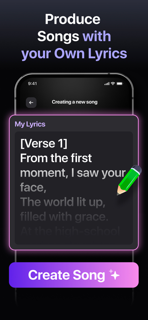 Muzio app interface for writing custom lyrics to produce AI songs.