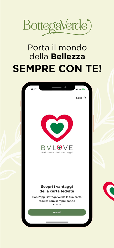 Pantalla de bienvenida de la aplicación móvil Bottega Verde con el programa de fidelidad BVLOVE