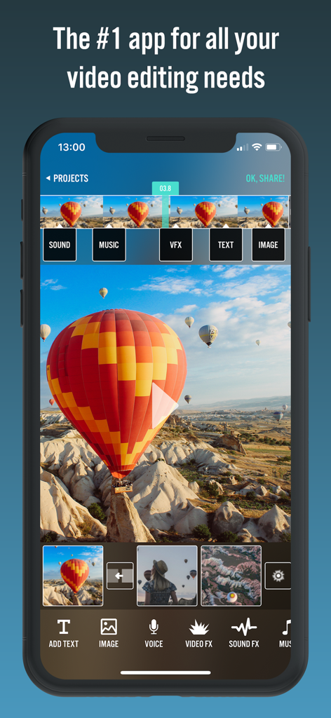 Videorama Text & Video Editor - Videorama mobile app interface showing video editing timeline and tools