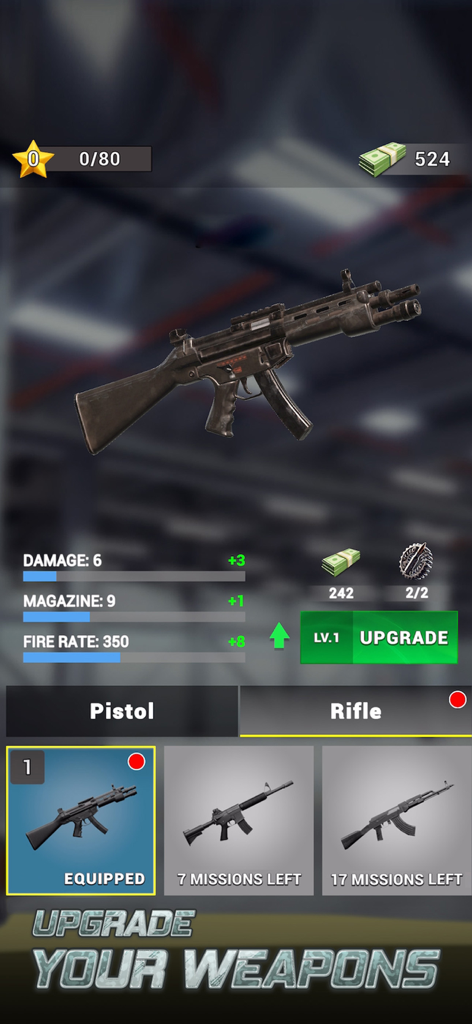 Rescue Agent: Shoot & Hunt - Menu de aprimoramento de armas em Rescue Agent Shoot and Hunt mostrando estatísticas de fuzil e opções de aprimoramento