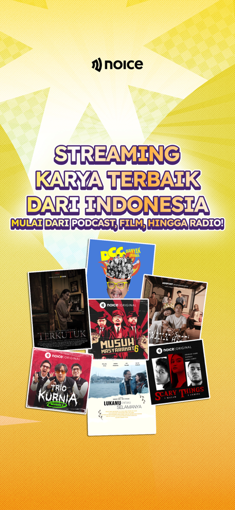 NOICE app screen showcasing Indonesian podcasts films and radio content