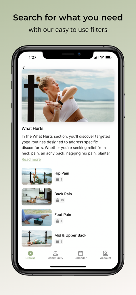 Defy by Dr.Melissa - Interface of the Defy app showing specialized yoga routines for hip back and foot pain relief