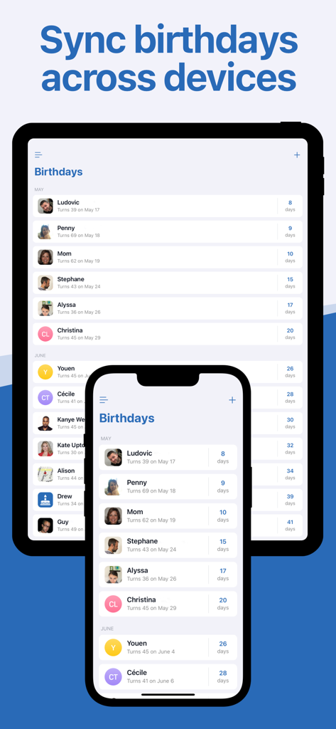 Interfaccia dell'app Promemoria Compleanni che mostra elenchi di conto alla rovescia sincronizzati su iPhone e iPad