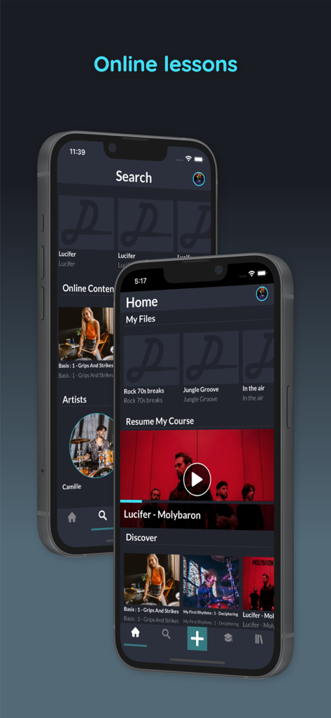 Drumstik app interface showcasing online drum lessons and discovery courses for drummers