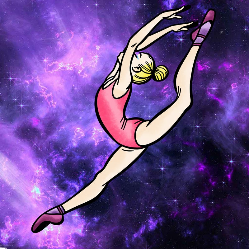 gymnast doing a leap in a leotard with a bent back leg