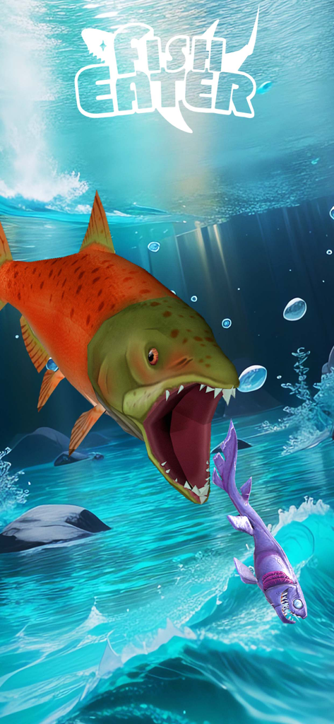 Large orange fish with its mouth open about to eat a small purple fish underwater in the Fish Eater io game