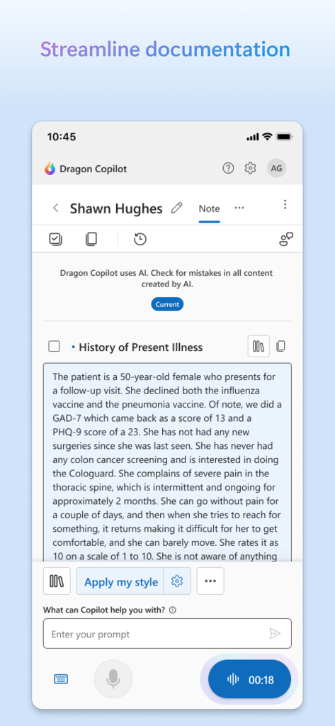 Interface mobile de Microsoft Dragon Copilot montrant une note clinique générée par IA pour l'historique de la maladie actuelle d'un patient.