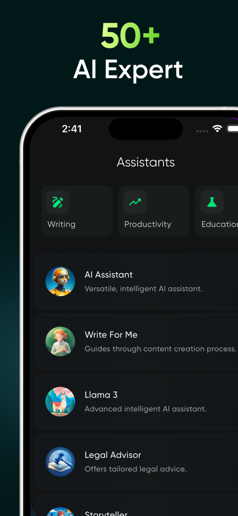 Interface of the Bernard AI app displaying a variety of specialized AI assistants like Llama 3 and Legal Advisor