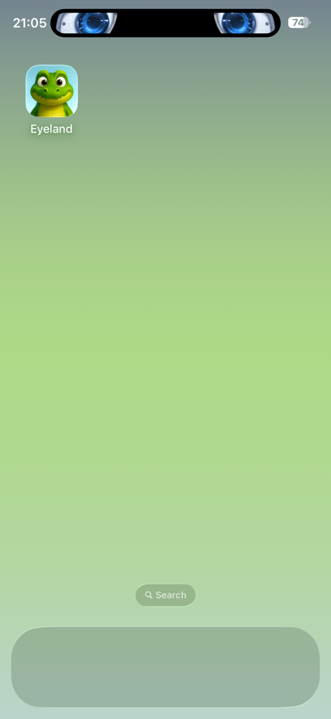 Pantalla de inicio del iPhone con el icono de la aplicación Eyeland y ojos robóticos en la Isla Dinámica.