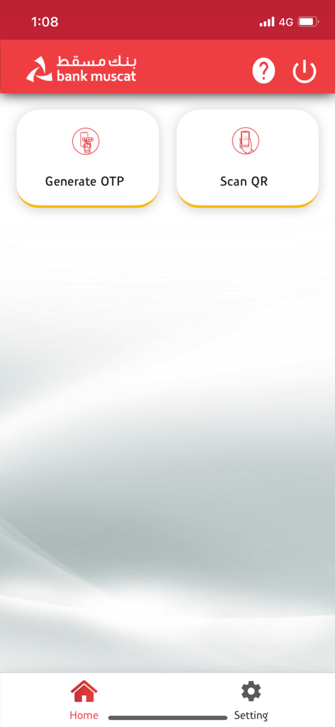 Bank Muscat Soft Token - Home screen of the Bank Muscat Soft Token app featuring Generate OTP and Scan QR buttons.