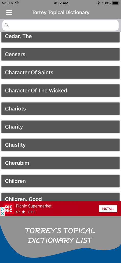 Torrey's Topical Bible Offline - Liste des sujets bibliques dans l'application Dictionnaire Thématique de Torrey, présentant des entrées comme Charité et Enfants