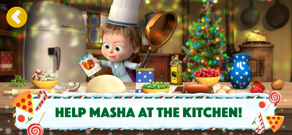 Masha and The Bear: Pizzeria! - Masha the bear character preparing pizza dough in a festive kitchen with fresh ingredients