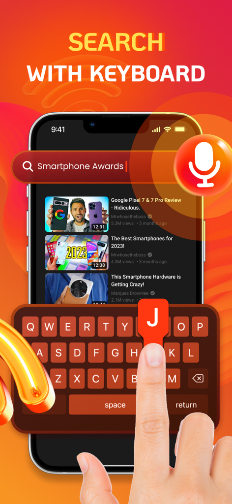 Smart TV Remote App. - Smart TV Remote App interface showing the keyboard search feature on an iPhone