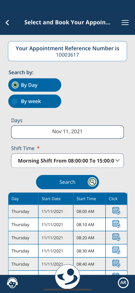SEHA Visa Screening app interface showing the appointment booking screen with a list of available time slots