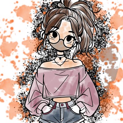 girl with a messy ponytail glasses a baggy crop top and jean shorts