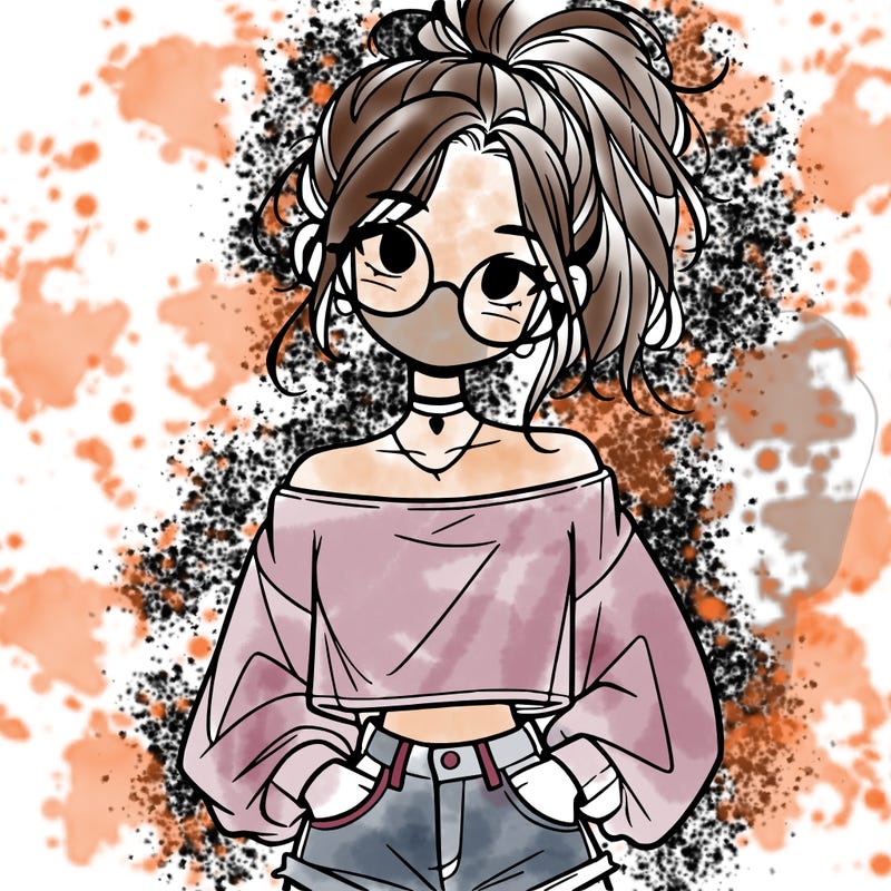 girl with a messy ponytail glasses a baggy crop top and jean shorts