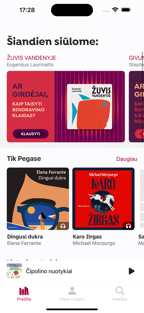 Pegasas - A tela inicial do aplicativo Pegasas com uma seleção de audiolivros e e-books lituanos com categorias como 'Hoje oferecemos' e 'Somente no Pegasas'