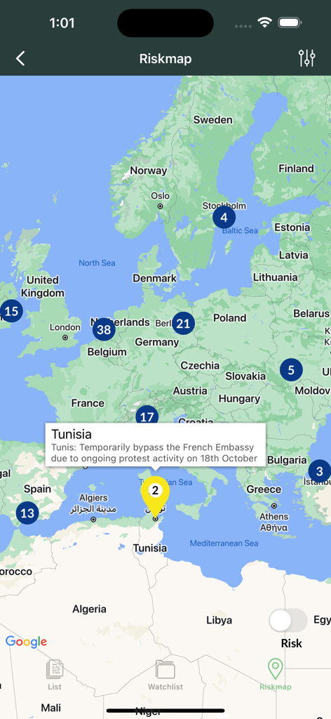 Travel Oracle - Travel Oracle app risk map displaying security alerts and protest notifications for international travelers