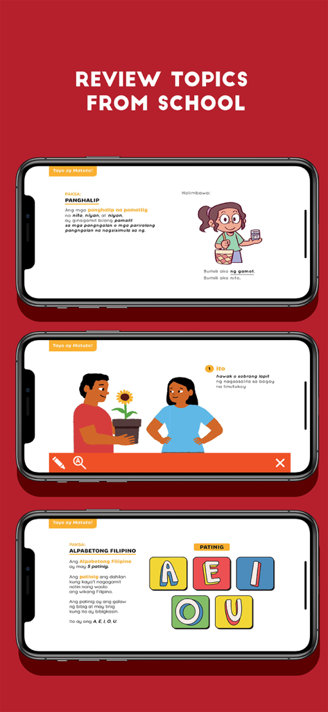 Screenshots of the BuriBooks app showing Filipino language and grammar lessons for school review