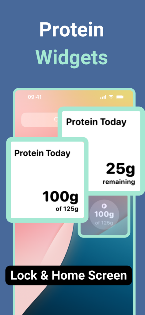Protein Pal app widgets for iPhone lock and home screens showing daily protein intake progress