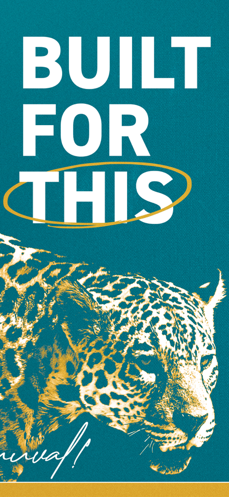 Official Jacksonville Jaguars - Promotional screen for the Jacksonville Jaguars app with a jaguar head graphic and Built For This slogan