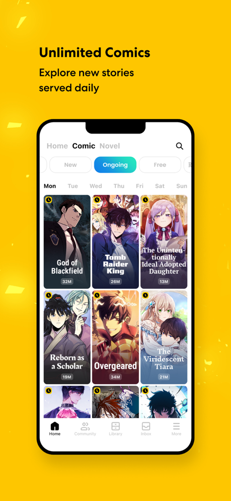 Tapas – Comics and Novels - Mobile interface of the Tapas app showing a grid of popular webtoons and ongoing comic series titles.