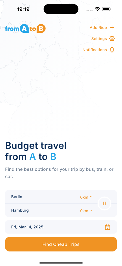 Mitfahren - Search screen of the fromAtoB app for finding budget travel options by bus train or car