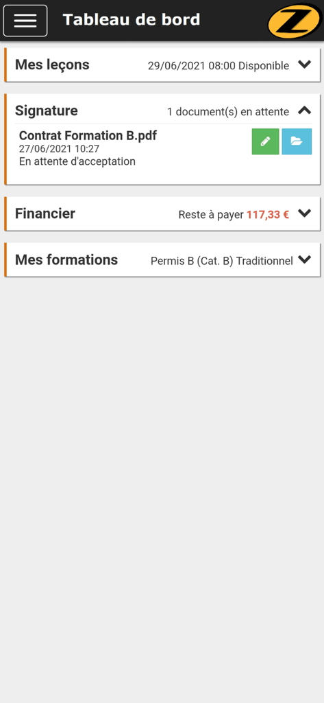 Zebra Moto-Ecole - A user dashboard in the Zebra Moto Ecole app displaying course schedules and pending documents