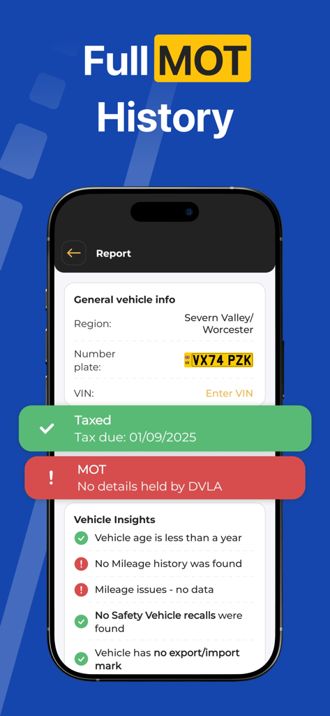 Vehicle History, Car Check－UK - Car Check app showing UK vehicle MOT history and tax status report