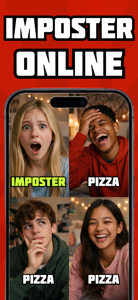 Imposter Game Online - Quatro amigos usando o aplicativo Imposter Game Online para um jogo de festa de dedução social.