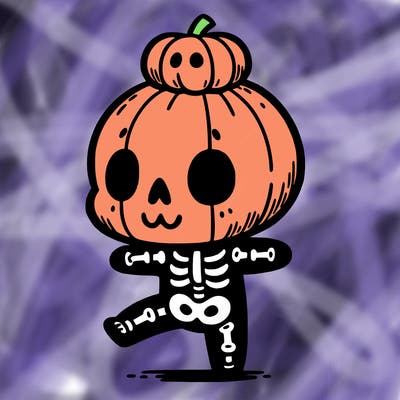 cute skeleton with a pumpkin on its head while dancing