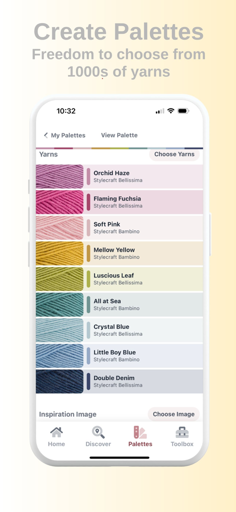 Crochet Studio app screen displaying a selection of colorful yarns for building custom palettes.