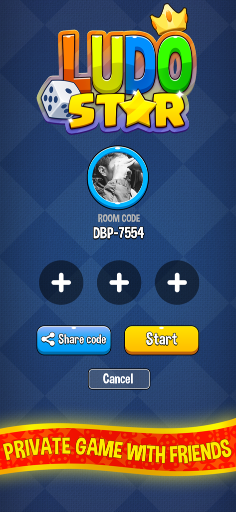 Ludo Star Ludo King - Ludo Star app interface for a private game lobby with room code and invite slots