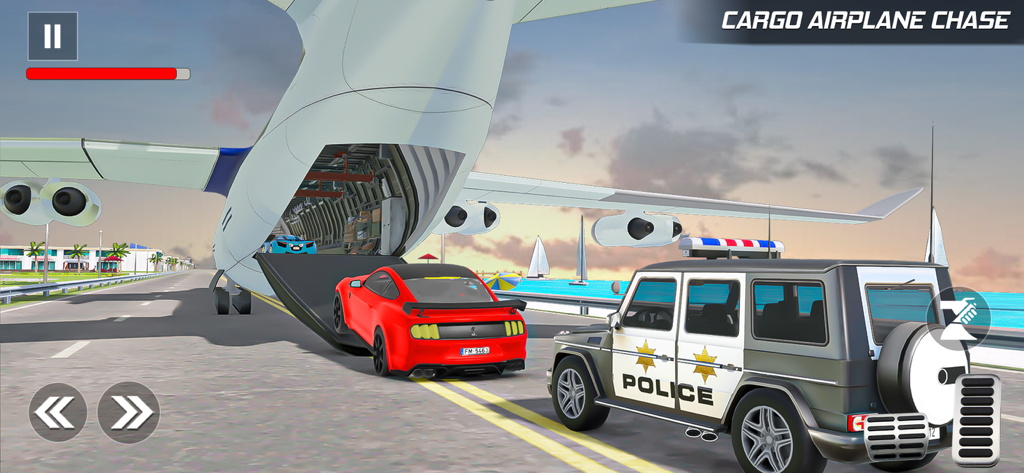 Police Car Games: Police Games - Un SUV de policía persiguiendo un coche deportivo rojo hacia la parte trasera de un gran avión de carga