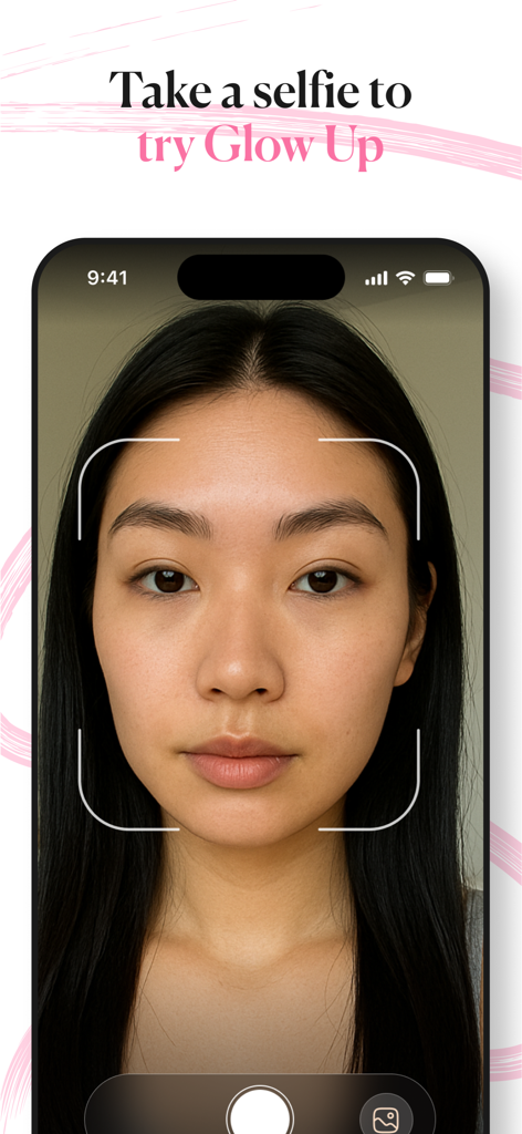 GlowUp - Makeup & Beauty - Interfaz de la aplicación GlowUp que muestra a una mujer tomándose una selfie para obtener recomendaciones personalizadas de maquillaje con IA.