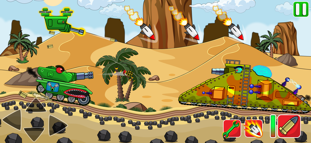TankCraft - War Tank Battles - 2D-Panzerschlacht zwischen einem benutzerdefinierten Spielpanzer und einem riesigen Boss in einer Wüstenlandschaft